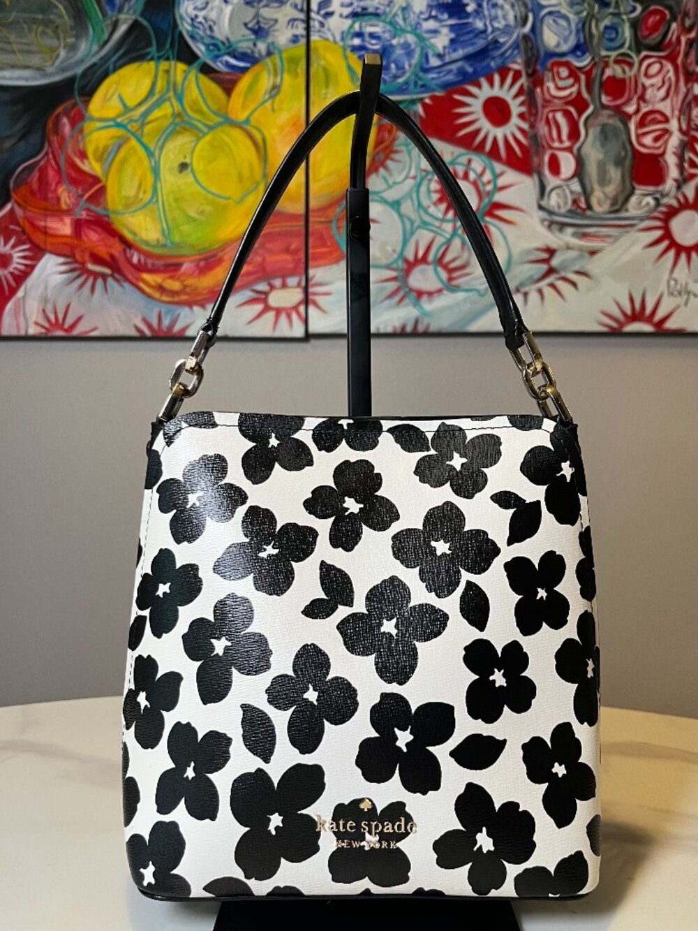 Kate Spade Black White Floral Satchel Crossbody Bag Saffiano Leather Darcy Style